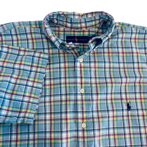Ralph Lauren Plaid Button Down Shirt Mens Large Blue Short Sleeve Tall - Picture 4 of 9